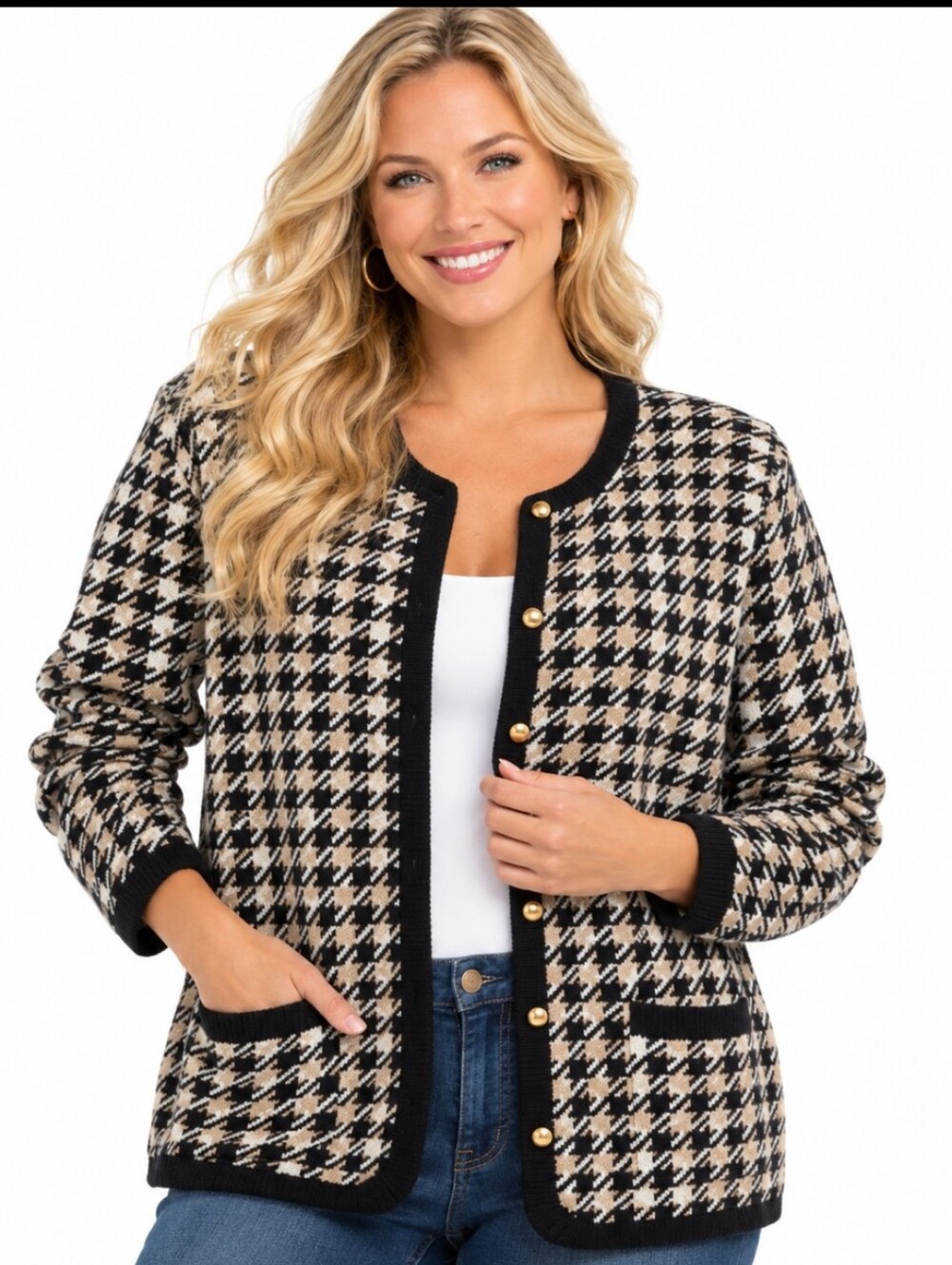 Croft & Barrow Black and Tan Houndstooth Cardigan